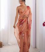 peach floral beads and stones pure chiffon designer saree