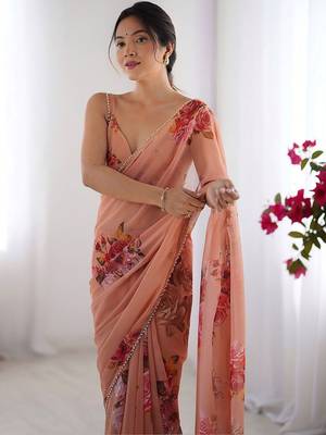 peach floral beads and stones pure chiffon designer saree 2