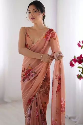 peach floral beads and stones pure chiffon designer saree
