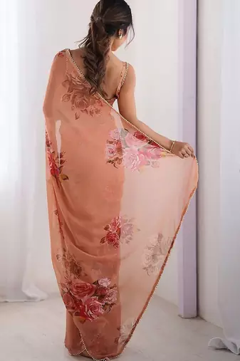 peach floral beads and stones pure chiffon designer saree