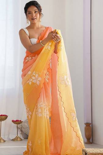 Multicolor floral embroidered poly chiffon saree