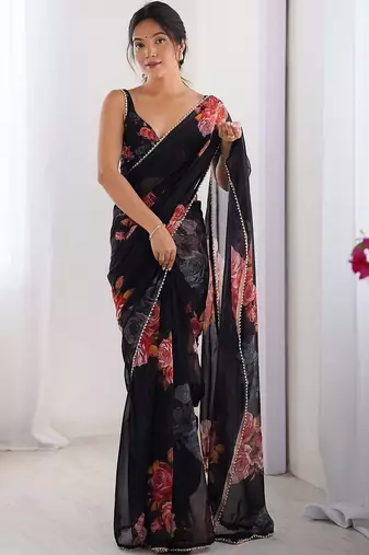Black floral pure chiffon designer saree