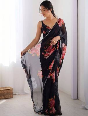 Black floral pure chiffon designer saree 2