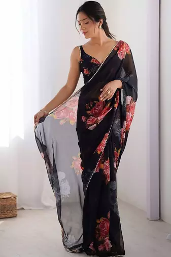 Black floral pure chiffon designer saree