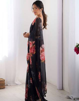 Black floral pure chiffon designer saree 3