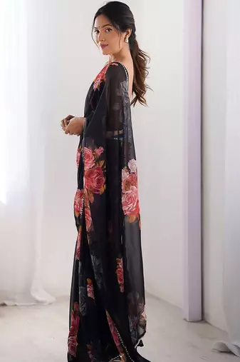 Black floral pure chiffon designer saree