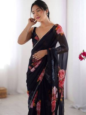 Black floral pure chiffon designer saree 4
