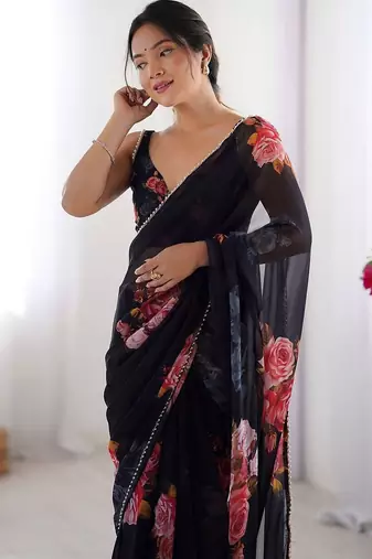 Black floral pure chiffon designer saree