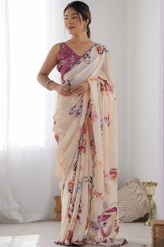 Cream floral mirror work poly georgette saree