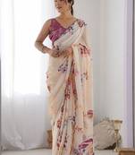 Cream floral mirror work poly georgette saree