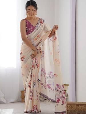 Cream floral mirror work poly georgette saree 2