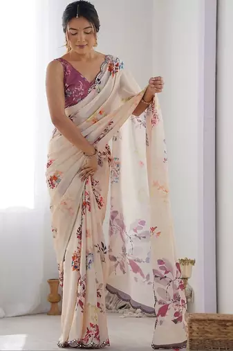 Cream floral mirror work poly georgette saree