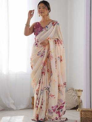 Cream floral mirror work poly georgette saree 3