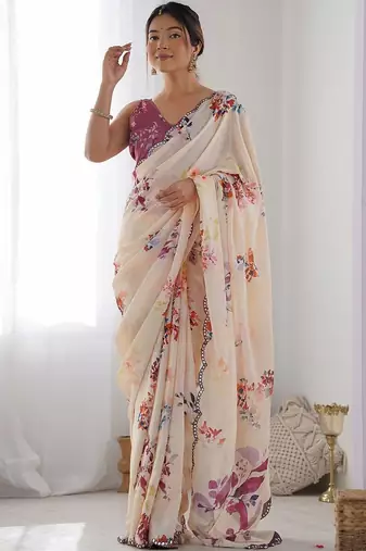 Cream floral mirror work poly georgette saree