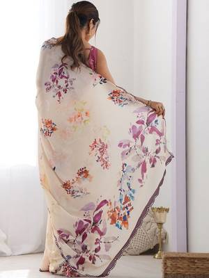 Cream floral mirror work poly georgette saree 5