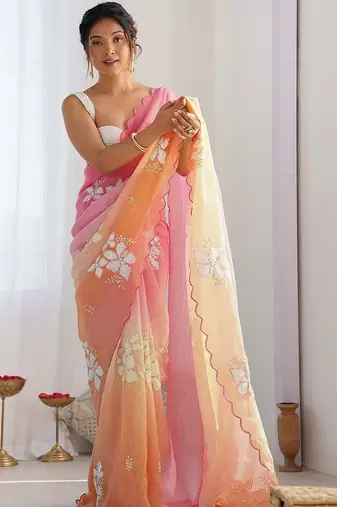 multicolor embellished embroidered poly chiffon saree