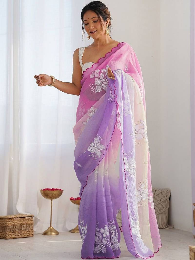 Multicolor floral sequinned poly chiffon designer saree