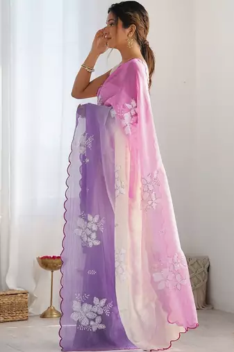 Multicolor floral sequinned poly chiffon designer saree