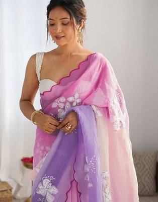 Multicolor floral sequinned poly chiffon designer saree 4