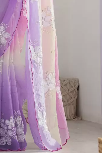 Multicolor floral sequinned poly chiffon designer saree
