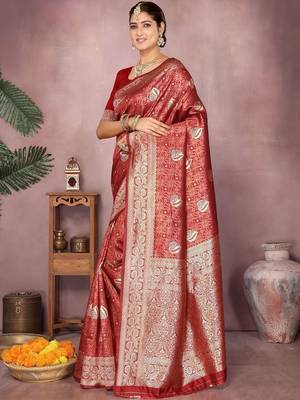 Maroon ethnic motifs woven design zari heavy work saree 3