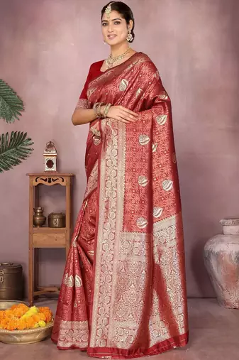 Maroon ethnic motifs woven design zari heavy work saree