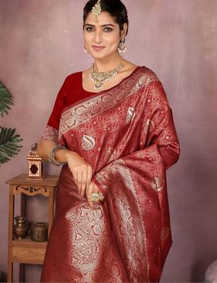Maroon ethnic motifs woven design zari heavy work saree 4