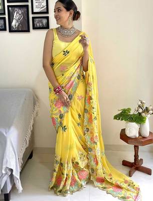 yellow floral embroidered saree 1