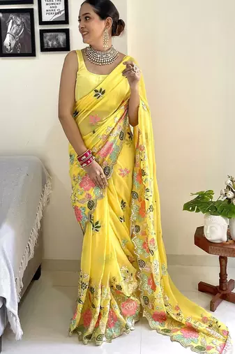 yellow floral embroidered saree