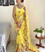 yellow floral embroidered saree