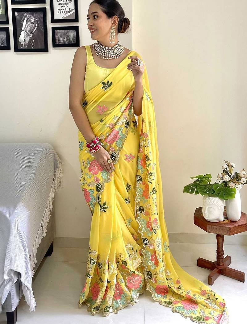 yellow floral embroidered saree