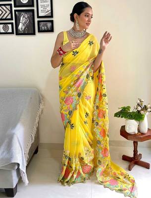 yellow floral embroidered saree 2