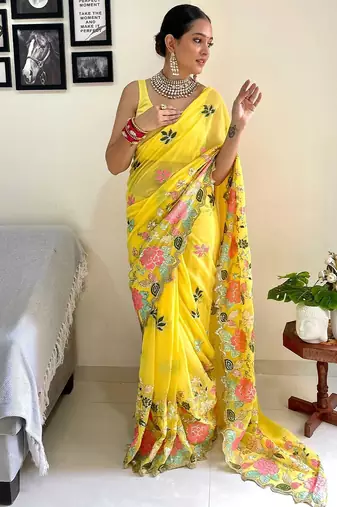 yellow floral embroidered saree