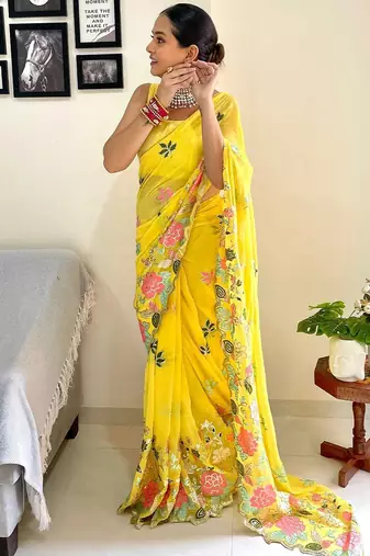 yellow floral embroidered saree