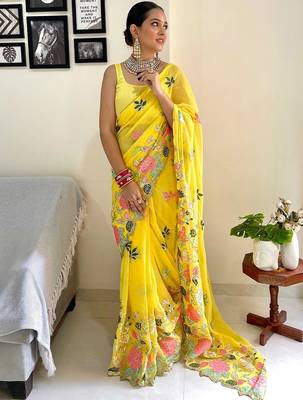yellow floral embroidered saree 4