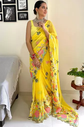 yellow floral embroidered saree