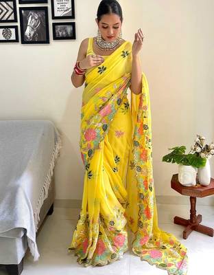 yellow floral embroidered saree 5