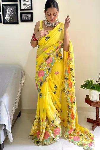 yellow floral embroidered saree