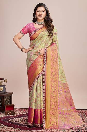 Green ethnic motifs woven design sequinned kanjeevaram saree