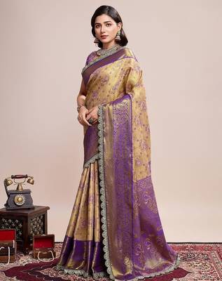 Beige ethnic motifs woven design sequinned kanjeevaram saree 2