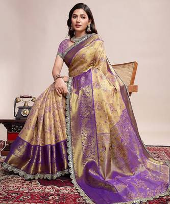 Beige ethnic motifs woven design sequinned kanjeevaram saree 4
