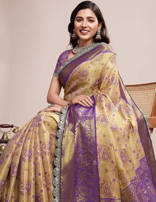 Beige ethnic motifs woven design sequinned kanjeevaram saree 5