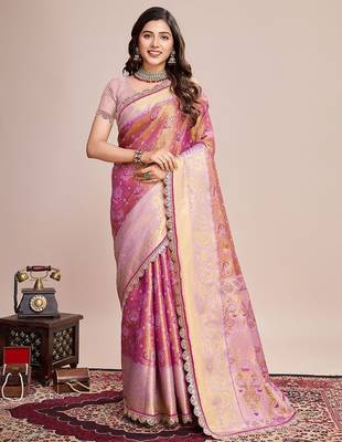 Pink ethnic motifs woven design sequinned kanjeevaram saree 1
