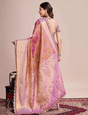 Pink ethnic motifs woven design sequinned kanjeevaram saree 3
