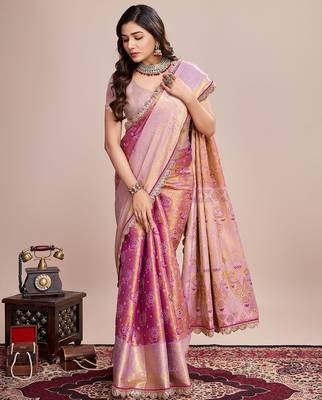 Pink ethnic motifs woven design sequinned kanjeevaram saree 4