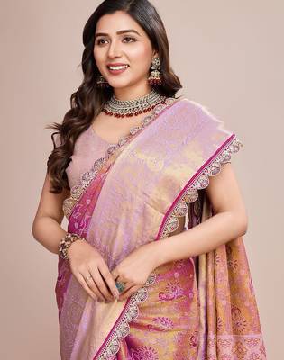 Pink ethnic motifs woven design sequinned kanjeevaram saree 5