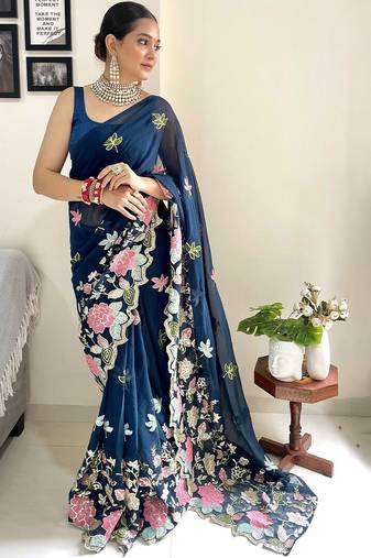 Teal floral embroidered saree