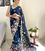 Teal floral embroidered saree