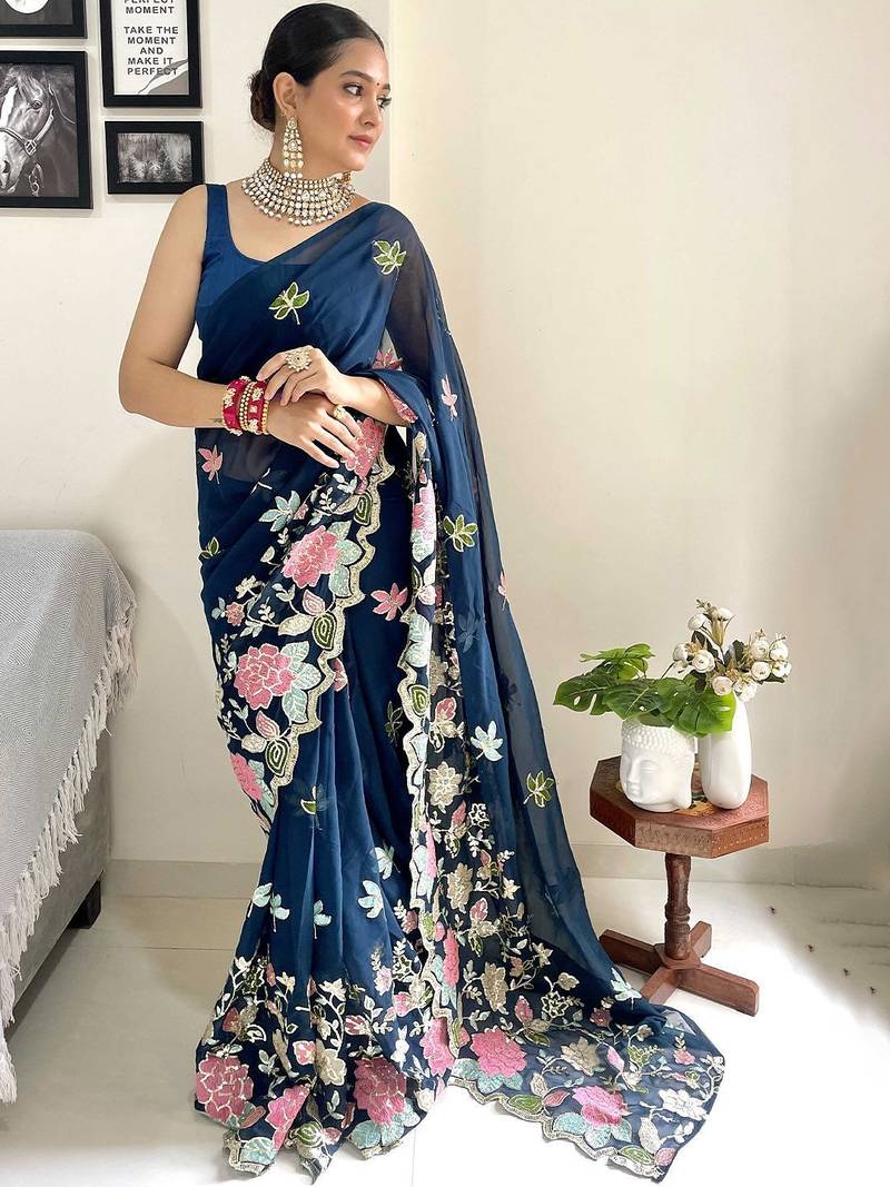 Teal floral embroidered saree