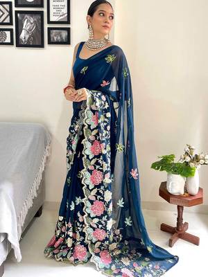 Teal floral embroidered saree 2